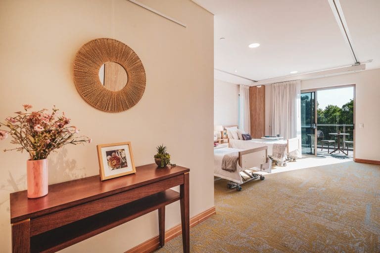 Aged care suite front entrance with twin-share configuration in the background